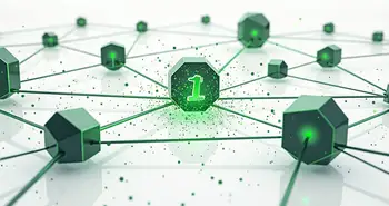 A stylized blockchain network with interconnected nodes