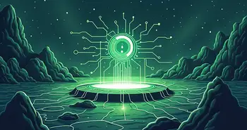 Dessinez une illustration d'un paysage futuriste où des nœuds blockchain sont connectés par des lignes lumineuses.