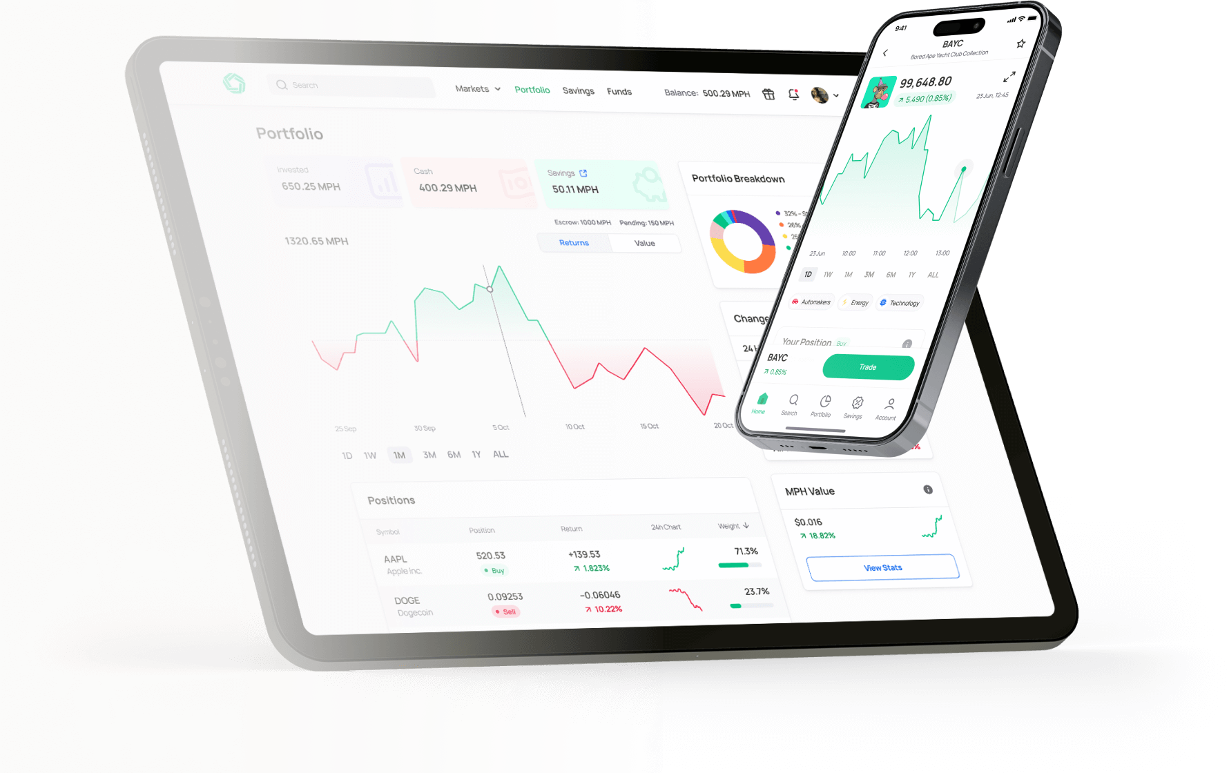 Floating table and phone with Morpher trading app screens.